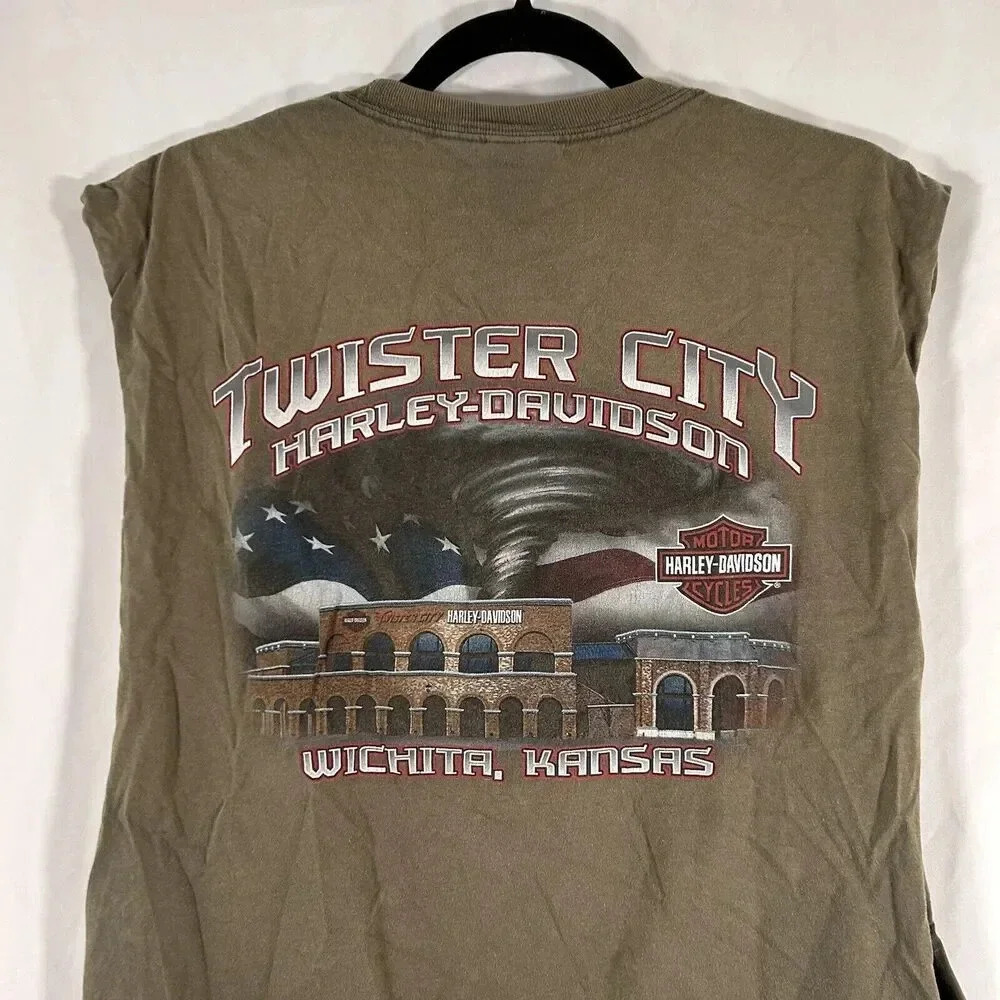 Vintage Harley Davidson Tank Top Men's Large Green Cut Off Twister City - Picture 10 of 12